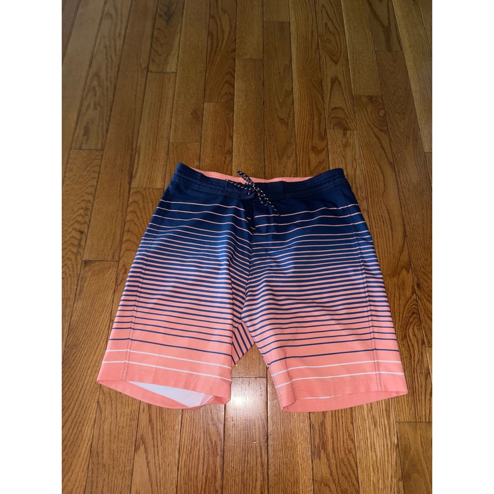 Old‎ Navy Mens Board Shorts 34 Navy Peach Orange  Striped Swim Trunks Stretch